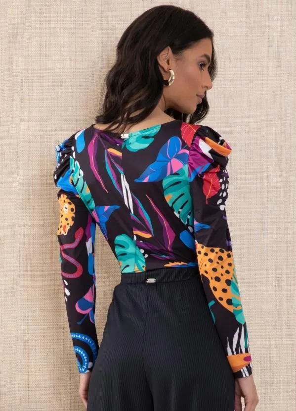 Quintess - Blusa Animais Fundo Preto com Mangas Bufantes 6
