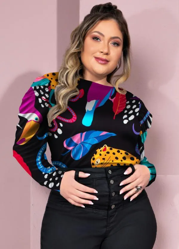 Quintess - Blusa Animais Fundo Preto com Mangas Bufantes 9