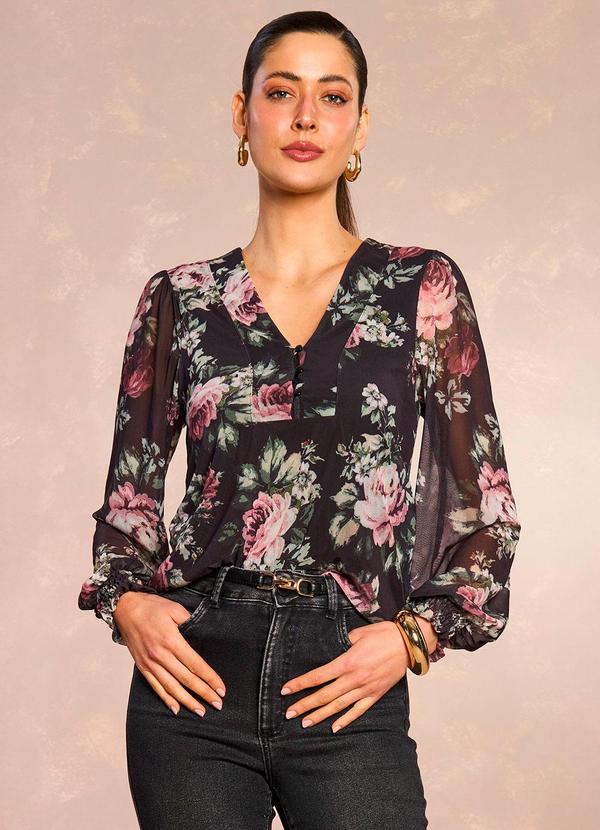 Doce Trama - Blusa Aquarela Rose em Tule Estampado