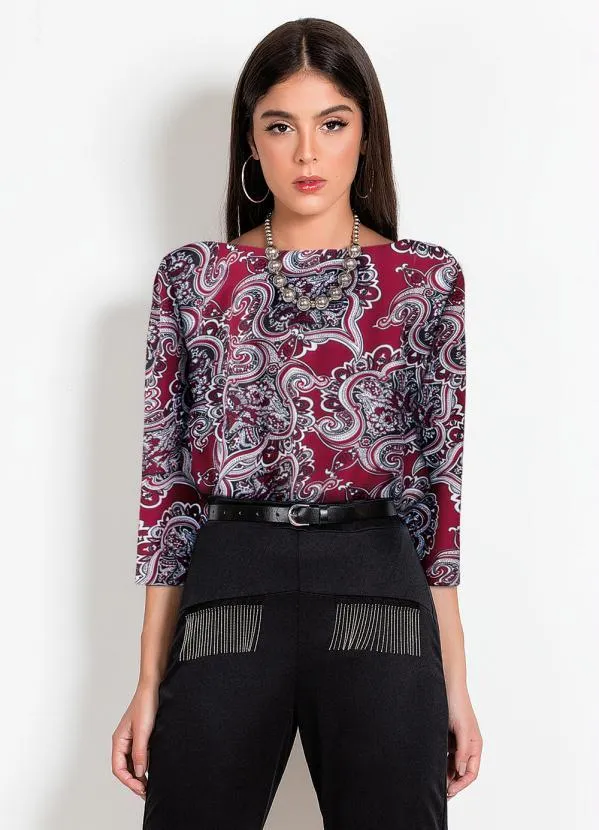 Moda Pop - Blusa Arabesco Bordô com Mangas Longas