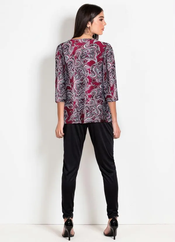 Moda Pop - Blusa Arabesco Bordô com Mangas Longas 5
