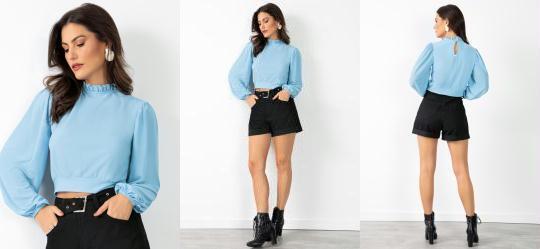 Blusa Azul com Manga Bufante