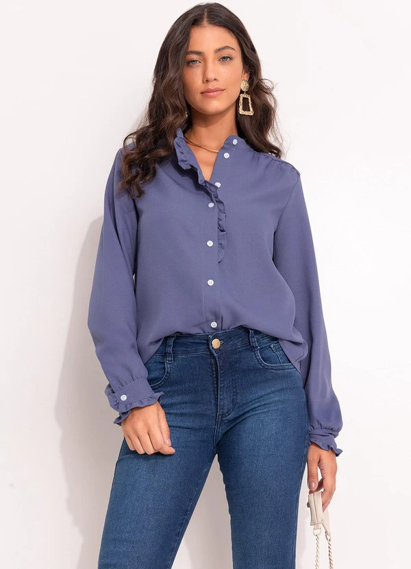 Quintess - Camisa Feminina Azul em Crepe com Gola Franzida e Manga Longa