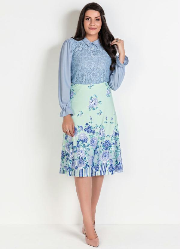 Outlet - Blusa Azul em Renda com Mangas em Crepe