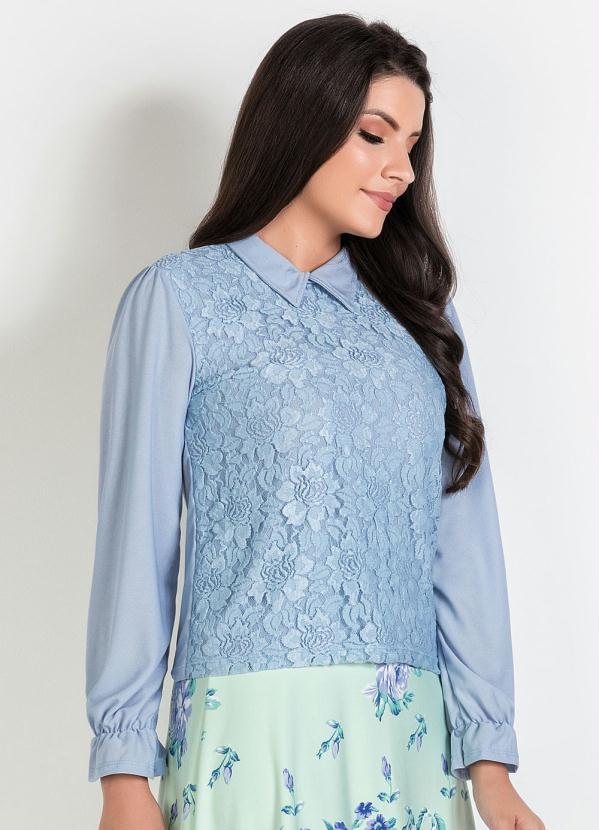 Outlet - Blusa Azul em Renda com Mangas em Crepe 2
