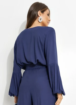 Quintess - Blusa Manga Longa Azul em Viscose com Decote Transpassado e Elástico - QUINTESS