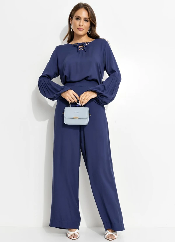 Quintess - Blusa Manga Longa Azul em Viscose com Decote Transpassado e Elástico 3