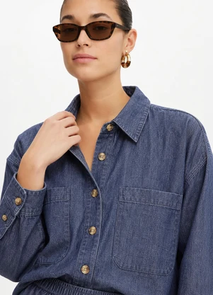 Quintess - Blusa Azul Escuro em Tecido Sarjado Jeans - QUINTESS