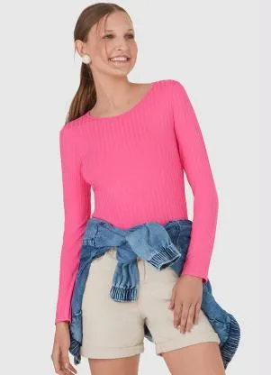 Malwee - Blusa Básica Canelada Manga Longa Rosa - MALWEE