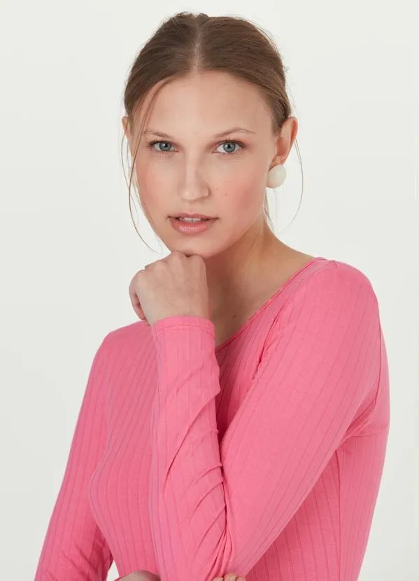 Malwee - Blusa Básica Canelada Manga Longa Rosa 5