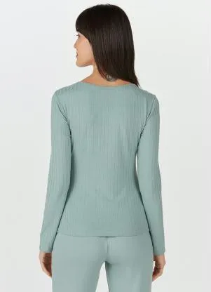 Malwee - Blusa Básica Canelada Manga Longa Verde - MALWEE