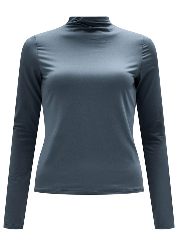 Lunender - Blusa Básica com Gola Alta em Malha Azul