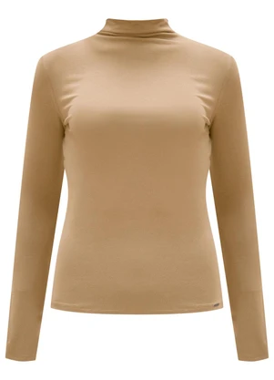 Lunender - Blusa Básica com Gola Alta em Malha Bege - LUNENDER