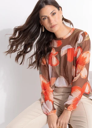 Quintess - Blusa Bata em Tule Floral Vintage com Forro e Manga Bufante - QUINTESS