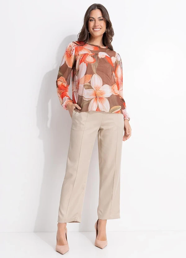 Quintess - Blusa Bata em Tule Floral Vintage com Forro e Manga Bufante