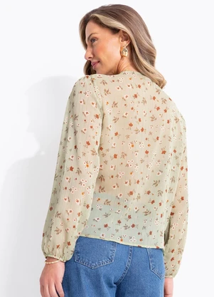 Quintess - Blusa Bata Floral Verde Menta em Chiffon Manga Longa com Amarração - QUINTESS