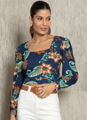 Quintess - Blusa Boho Marinho Decote Quadrado - QUINTESS