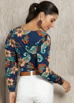 Quintess - Blusa Boho Marinho Decote Quadrado - QUINTESS
