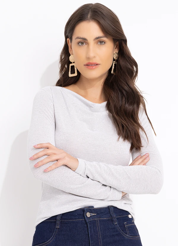 Moda Pop - Blusa Branco em Malha Listrada com Lurex