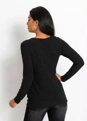 bonprix - Blusa Canelada com Botões Laterais Preta - BONPRIX
