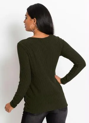 bonprix - Blusa Canelada com Botões Laterais Verde Oliva - BONPRIX
