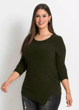 bonprix - Blusa Canelada com Botões Laterais Verde Oliva - BONPRIX
