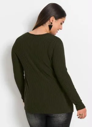 bonprix - Blusa Canelada com Botões Laterais Verde Oliva - BONPRIX