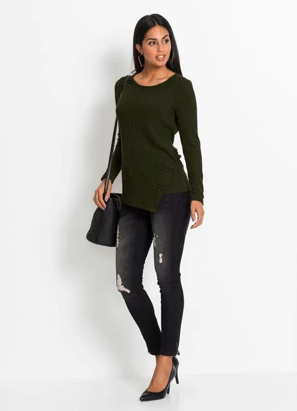 bonprix - Blusa Canelada com Botões Laterais Verde Oliva 4