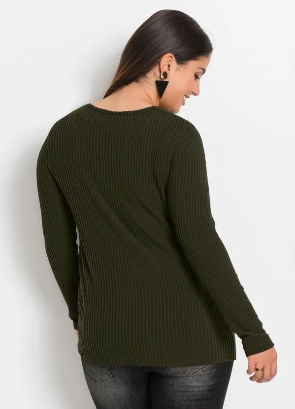 bonprix - Blusa Canelada com Botões Laterais Verde Oliva 6