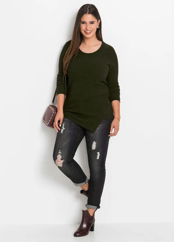 bonprix - Blusa Canelada com Botões Laterais Verde Oliva 7