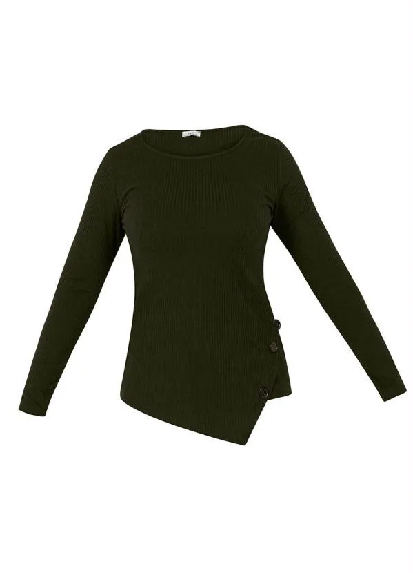 bonprix - Blusa Canelada com Botões Laterais Verde Oliva 8
