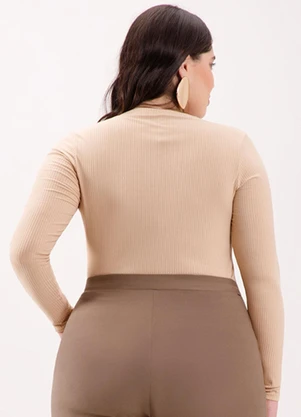 Lunender Mais Mulher - Blusa Canelada com Decote em V Bege - LUNENDER MAIS MULHER