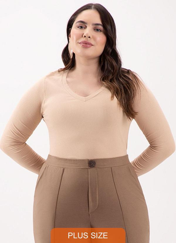 Lunender Mais Mulher - Blusa Canelada com Decote em V Bege