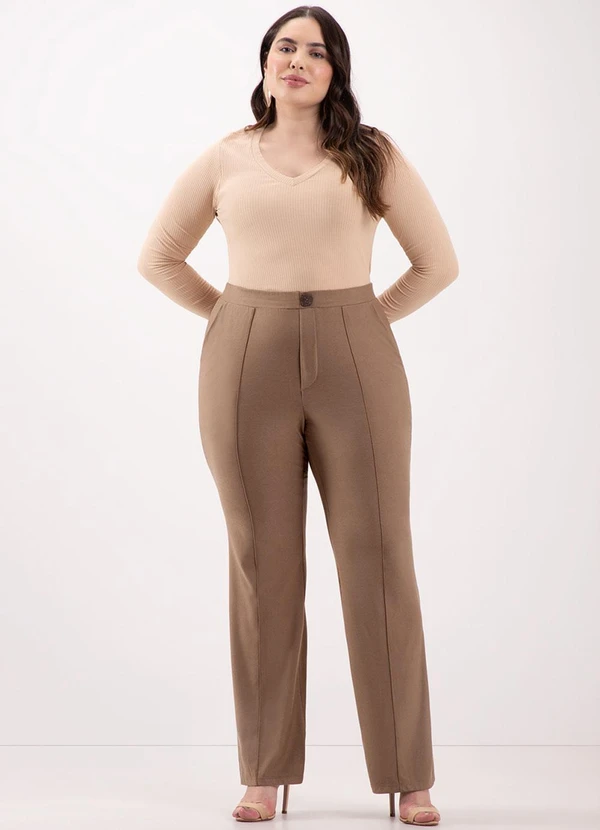 Lunender Mais Mulher - Blusa Canelada com Decote em V Bege 3