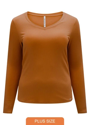 Lunender Mais Mulher - Blusa Canelada com Decote em V Laranja - LUNENDER MAIS MULHER