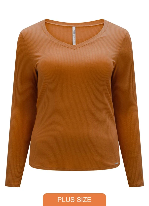 Lunender Mais Mulher - Blusa Canelada com Decote em V Laranja