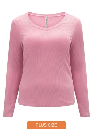 Lunender Mais Mulher - Blusa Canelada com Decote em V Rosa - LUNENDER MAIS MULHER