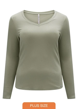 Lunender Mais Mulher - Blusa Canelada com Decote em V Verde - LUNENDER MAIS MULHER