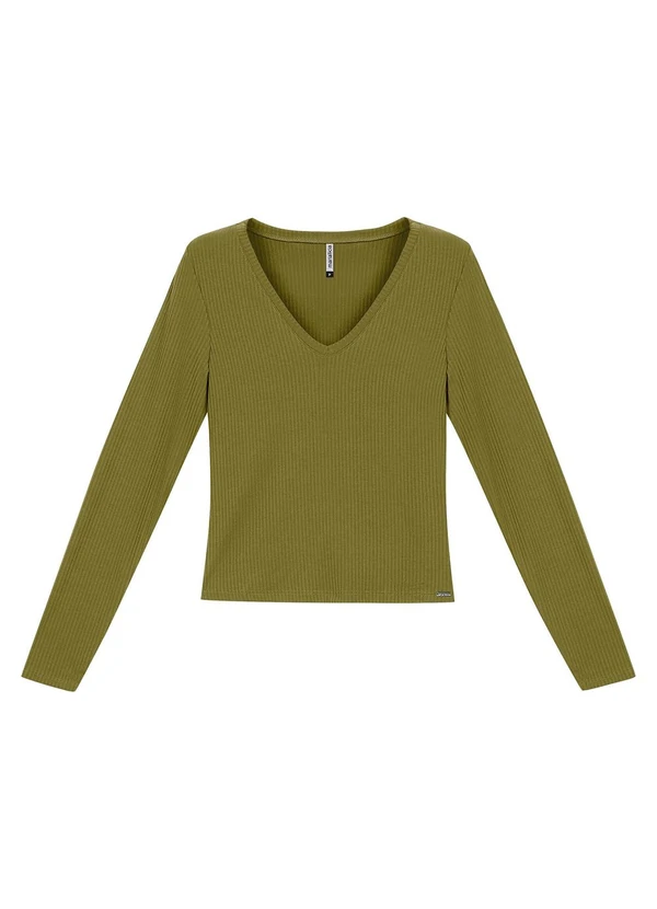 Marialícia - Blusa Canelada Decote V Verde