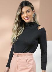 Blusa Canelada Preto com Ombros Vazados