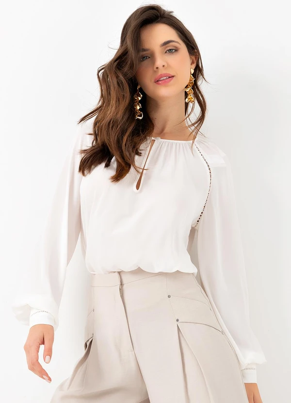 Mob Blusa Chiffon M/L Detalhe Entremeio Bege