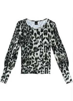 Malwee - Blusa Cinza Animal Print com Manga Bufante - MALWEE