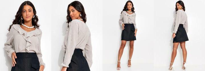 Blusa Cinza Claro em Tecido Plano Bordado