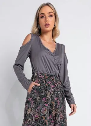Queima Estoque - Blusa Cinza com Decote Transpassada - QUEIMA ESTOQUE
