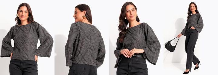 Blusa Cinza em Malha Jacquard com Textura