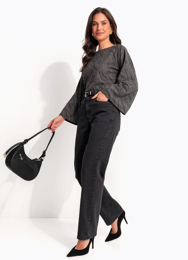 Quintess - Blusa Cinza em Malha Jacquard com Textura