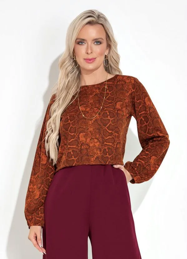 Moda Pop - Blusa Cobra Laranja com Mangas Longas Bufantes
