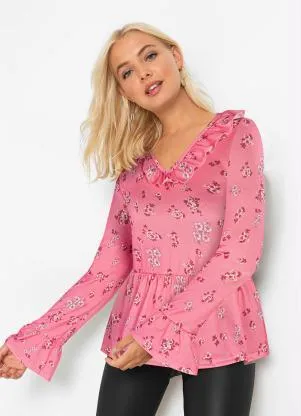Queima Estoque - Blusa com Babado Floral Rosa - QUEIMA ESTOQUE