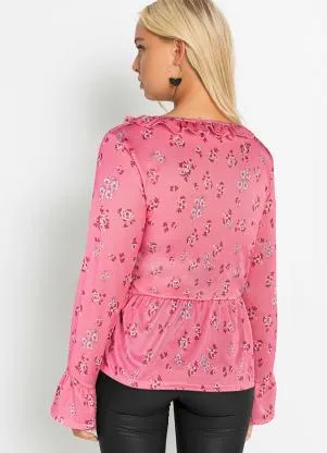 Queima Estoque - Blusa com Babado Floral Rosa - QUEIMA ESTOQUE