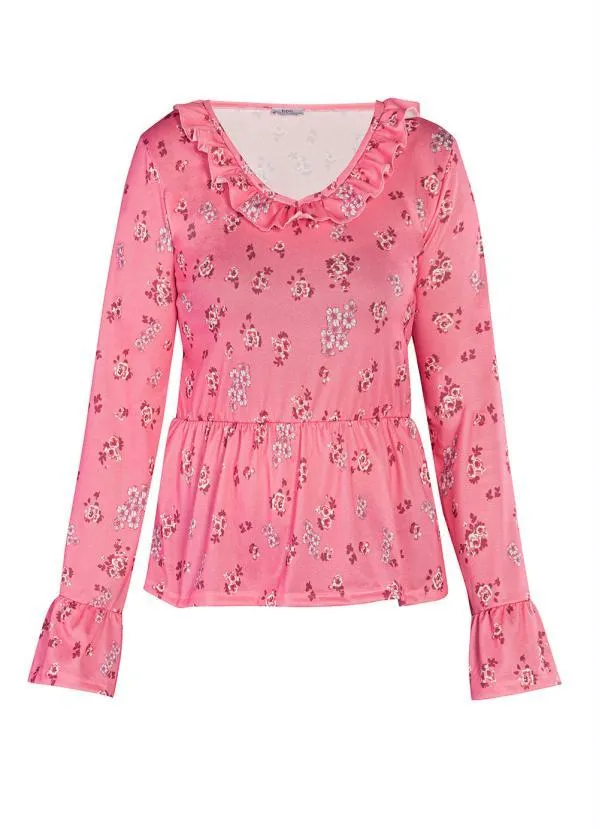 Queima Estoque - Blusa com Babado Floral Rosa 4